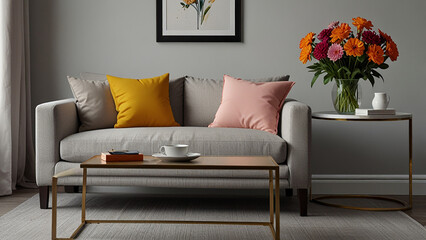Stylish sofa setup with bold cushions and fresh flowers, creating a cheerful and inviting atmosphere. Mock up poster frame