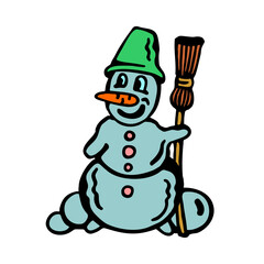 A whimsical cartoon-style snowman with a carrot nose and a green hat, holding a broomstick, set in a playful and cheerful winter scene.