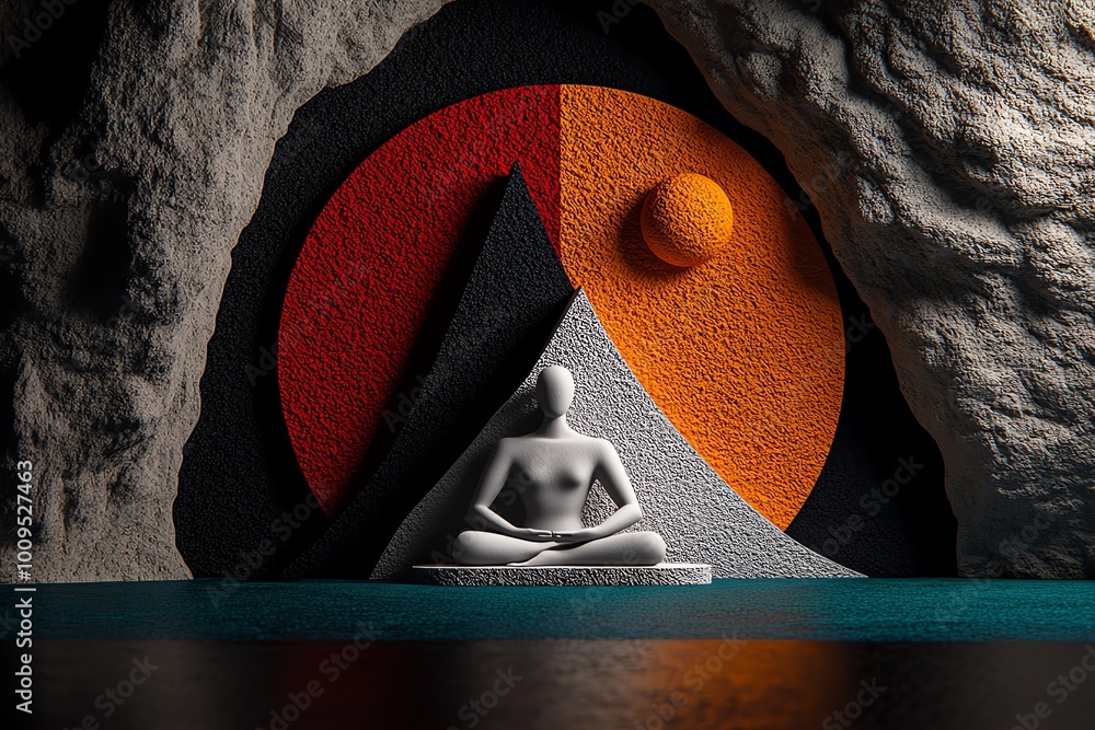 Poster Abstract minimalist design of a figure meditating in front of a mountain, using geometric shapes to represent stoic strength and inner tranquility