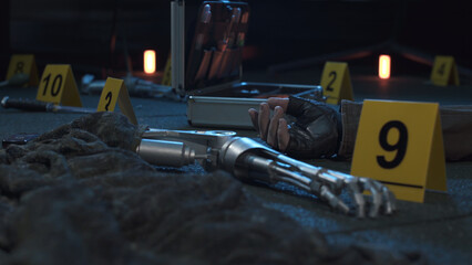 Fantastic crime scene with evidence like robot hands and human hand of victim. Night time.