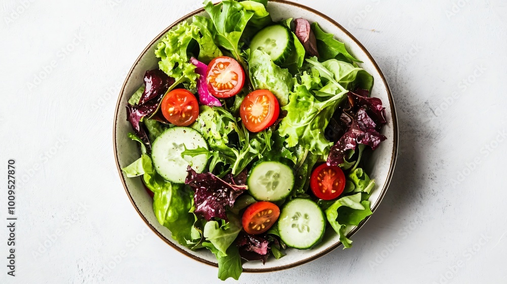 Wall mural A colorful salad bowl filled with mixed greens, cherry tomatoes, cucumbers, and a light vinaigrette, presented on a crisp white table