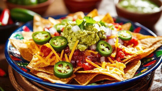 Delicious tortilla chips topped with cheese, guacamole, salsa, and jalapenos, perfect for a party snack or appetizer.