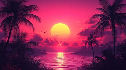 Obraz premium A vibrant sunset over calm waters, framed by silhouettes of palm trees, creating a serene tropical paradise.