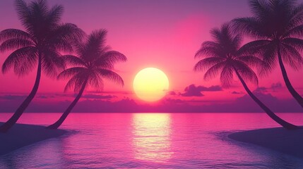 A tranquil sunset over calm waters, framed by silhouetted palm trees in vibrant pink and orange hues. Perfect for relaxation themes.