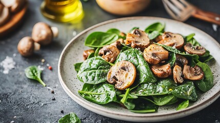 A fresh spinach and mushroom salad with a light drizzle of olive oil, presented on a white ceramic plate