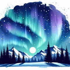 northern lights, north, polar lights,light, background, watercolor hand drawin illustration, star,...