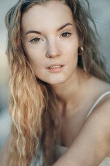 Obraz premium Young Caucasian Blonde curly-haired Woman Portrait. Summer Outdoors. Pure Skin, Natural Beauty