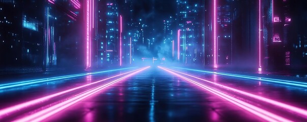 Fototapeta premium A futuristic cityscape with glowing neon lights and vibrant colors, capturing a surreal and captivating atmosphere.