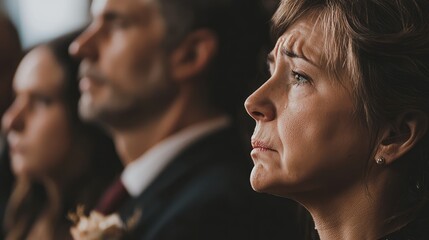 Naklejka premium Emotional close-up of individuals at a ceremony, highlighting feelings of loss and reflection in their expressions.