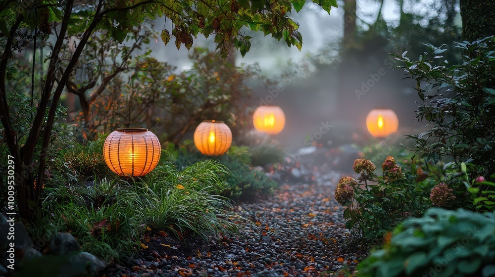 Poster enchanting garden path adorned with glowing lanterns, creating a serene and mystical atmosphere amid