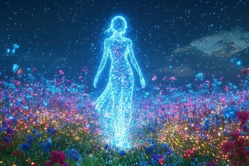 Glowing Woman Figure in a Field of Flowers under a Starry Sky