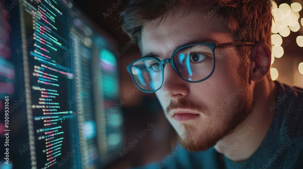 Poster focused programmer working on code with illuminated screens, showcasing modern technology and digita