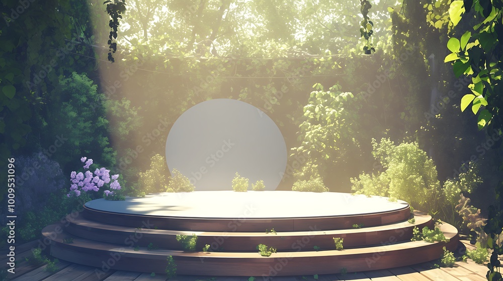 Poster circular podium in a lush forest setting with a large, white circle behind it.