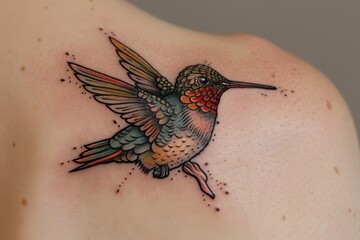 Obraz premium A colorful tattoo of a hummingbird in flight on the shoulder blade. 
