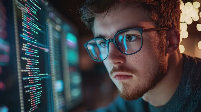Focused programmer working on code with illuminated screens, showcasing modern technology and digital innovation.