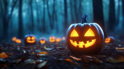 Glowing Jack O Lantern in Spooky Forest for Halloween