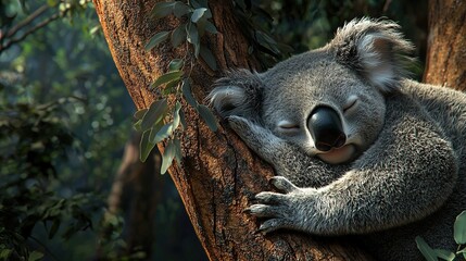 Naklejka premium A sleeping koala resting its head on a tree branch with closed eyes