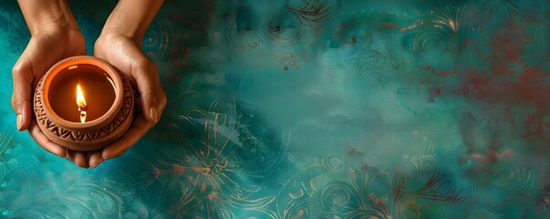 Close up indian womens hands with burning diya on green background. Top view girl hands in mehendi hold burning oil lamp. Diwali, Deepavali greeting card. Hindu festival of lights. Pongal, Ugadi, Puja