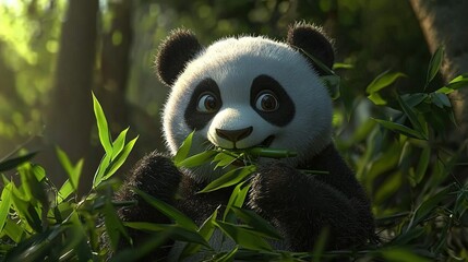 Fototapeta premium A panda bear sits in a green forest, eating a plant with its wide-open eyes