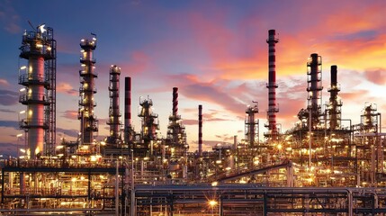 Fototapeta premium Illuminated industrial complex against a vibrant sunset, showcasing energy and manufacturing in a modern setting.