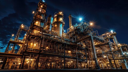 Fototapeta premium Illuminated industrial plant at night showcasing intricate structures and machinery, embodying modern manufacturing technology.