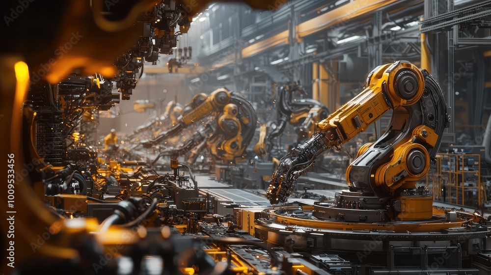 Poster intricate assembly line with robotic arms performing precision tasks in a modern manufacturing facil