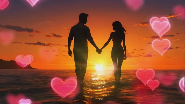 Valentine's Day background, silhouette of a young couple looking romantic on the beach with a beautiful sunset