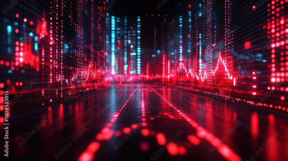 Poster abstract digital data visualization with glowing red and blue lines representing trends in a futuris