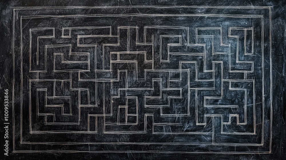 Poster intricate maze design on a chalkboard surface, showcasing complex pathways and patterns in a unique 