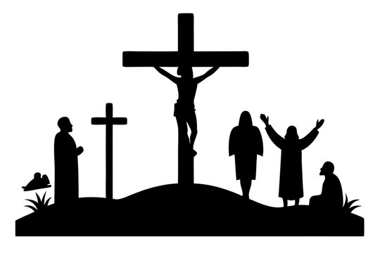 black silhouette crucifixion scene on white background clip art preview