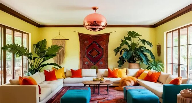 A bright and airy living room overflowed with vibrant colors, where sun-kissed walls adorned with eclectic artwork and patterned rugs harmonize