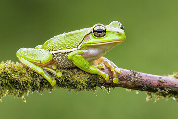 Fototapeta premium a vibrant tree frog perched on a moss-covered branch, its emerald skin glistening with dewdrops