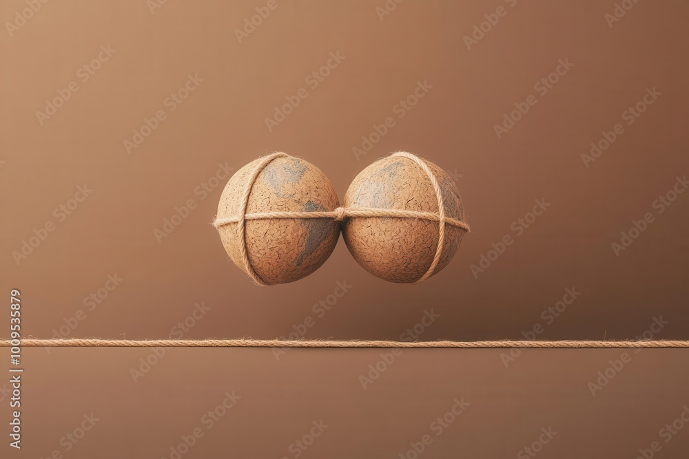 Poster abstract representation of two spheres bound together, set against a warm brown background, symboliz