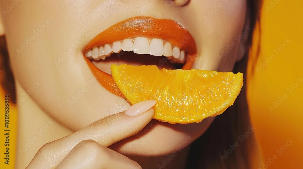 Poster   A person holds a fruit slice with a smile, with the fruit positioned for optimal visual appeal in a close-up shot