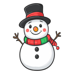 Cheerful cartoon snowman with a black hat, red and green scar