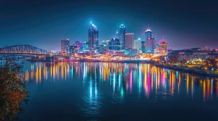 Obraz premium Night skyline view of a vibrant city, illuminated buildings reflecting on a calm river, showcasing urban beauty and tranquility.