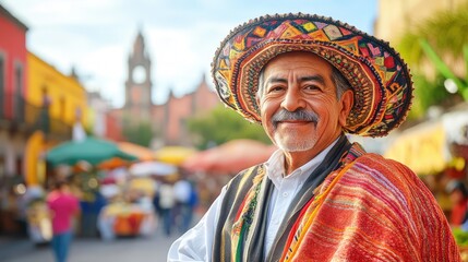 Fototapeta premium Portrait of a smiling elderly man in traditional attire at a vibrant market, showcasing cultural heritage and community spirit.