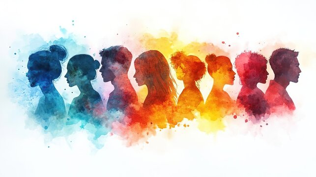 Dynamic watercolor silhouettes showcasing diversity and unity in vibrant colors, perfect for artistic and social themes.