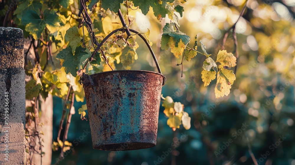 Poster rusty bucket hanging from a vine, illuminated by soft sunlight, creating a serene and nostalgic atmo