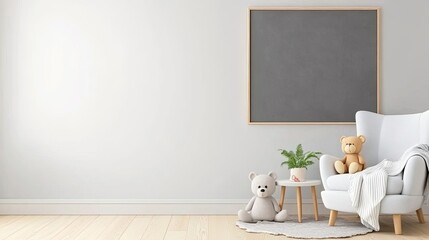 This delightful children's room features a chalkboard for drawing, a plush teddy bear, and a charming wooden bookcase, creating a warm and inviting space for play and imagination