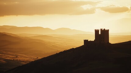 Obraz premium Silhouette of a majestic castle at sunset, set against rolling hills and a dramatic sky, evoking mystery and historical grandeur.