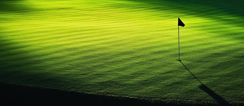 A Black Flag Marking the End of a Golf Course Green