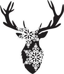 Deer snowflake mandala, outline. Black vector illustration. Silhouette