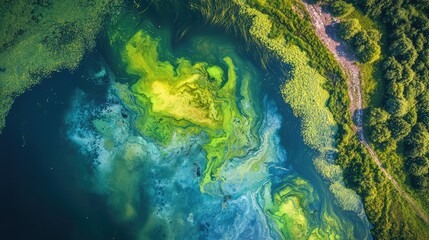 Stunning aerial view of vibrant green and blue water, showcasing natural beauty and serene landscapes with lush surroundings.
