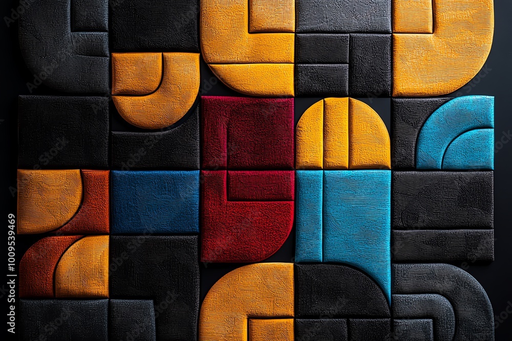Poster geometric design of thai silk patterns, using abstract shapes and vibrant colors to capture the esse