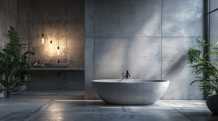 Stylish bathroom interior featuring a modern freestanding tub, concrete walls, soft lighting, and decorative plants for a serene atmosphere.