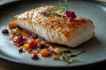 An artful presentation of sole meunière on a uniquely designed plate at a fine dining restaurant, showcasing culinary artistry in a serene and elegant atmosphere.

