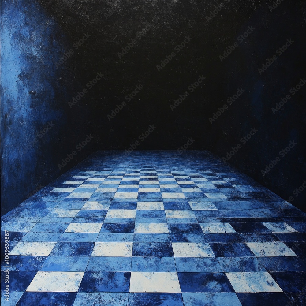 Poster a captivating blue checkerboard pattern flows into a dark void. the image combines simplicity with a