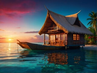 Fototapeta premium Experience the Serenity of a Tropical Beachfront Bungalow at Stunning Sunset Hours