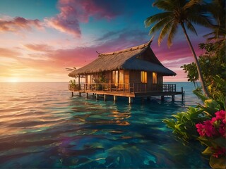 Fototapeta premium Experience the Serenity of a Tropical Beachfront Bungalow at Stunning Sunset Hours